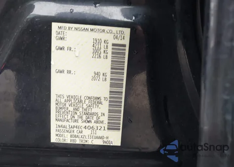 2014 Nissan Altima 2.5 Sl from USA, damaged, VIN 1N4AL3AP4EC406321